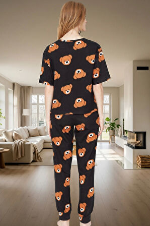 Kadın Ayıcıklı %100 Pamuklu Pijama Takımı Rahat Boru Paça Lounge Giyim Yüksek Kalite