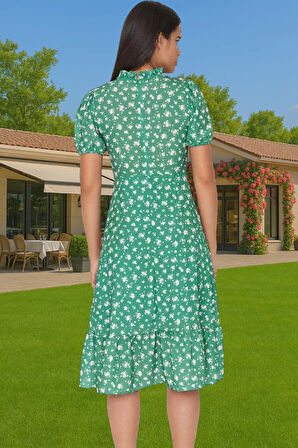 A Kesim Midi Boy Fırfırlı Çiçekli Dokuma Elbise Yazlık Günlük Profesyonel Görünüm Yüksek Kalite