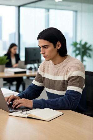 Erkek Fitted Kesim Bisiklet Yaka Renk Bloklu Kalın Triko Kazak Günlük Kombinler İçin İdeal Seçim.