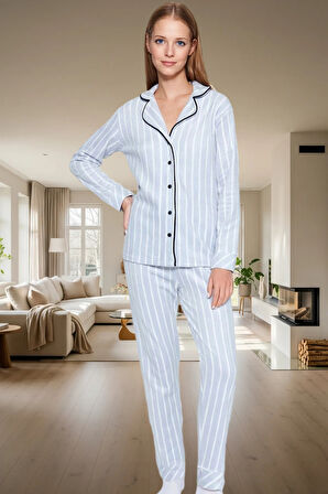 Kadın Kışlık Polar Örme Pijama Takımı Çizgili Desenli Uzun Paça Özel Tasarım Konforlu Kesim