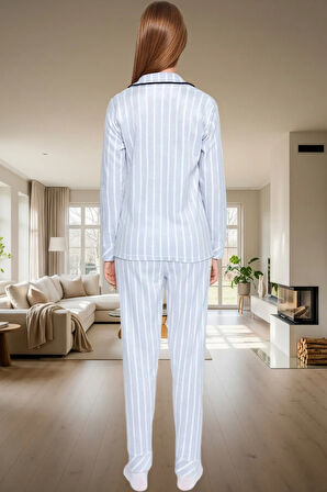 Kadın Kışlık Polar Örme Pijama Takımı Çizgili Desenli Uzun Paça Özel Tasarım Konforlu Kesim