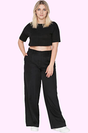 Kadın Geniş Paça Uzun Pantolon Yüksek Bel Wide Leg Düz Desen Finike Dokuma Günlük Kullanım