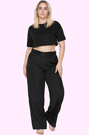 Kadın Geniş Paça Uzun Pantolon Yüksek Bel Wide Leg Düz Desen Finike Dokuma Günlük Kullanım