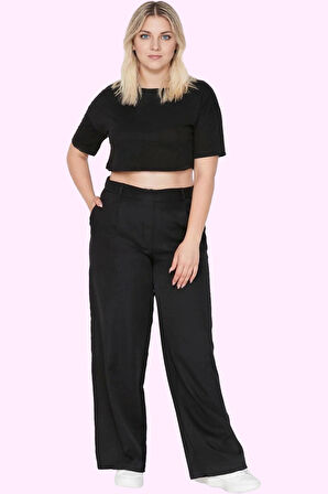 Kadın Geniş Paça Uzun Pantolon Yüksek Bel Wide Leg Düz Desen Finike Dokuma Günlük Kullanım