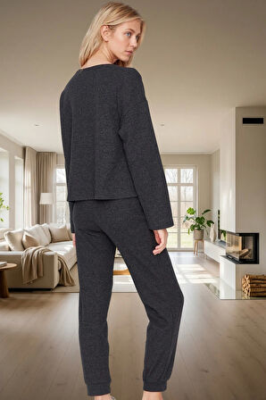 Kadın Kışlık Waffle Kumaş Pijama Takımı Regular Kalıp Pamuklu 2'li Set Konforlu Kesim