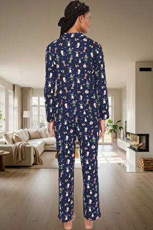 Kadın Kışlık Penguen Desenli %100 Pamuklu Pijama Takımı Rahat Kalıp Özel Tasarım Ve Şık