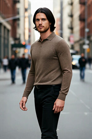 Erkek Fitted Kesim Polo Yaka Triko Kazak Uzun Kollu Smart Casual Tarzı Günlük Şıklık Sunar