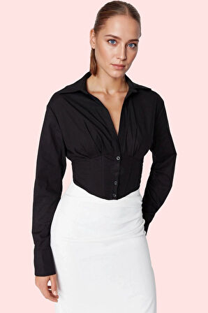 Kadın Crop Gömlek Yaka Poplin Pamuklu Şık Gece Kombinleri Günlük Kullanım Kaliteli Malzeme