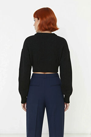 Kadın Ekru Regular Kalıp Düşük Kol Bisiklet Yaka Super Crop Basic Triko Kazak Günlük Şıklık