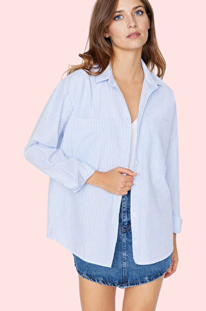 Kadın Çizgili Oversize Gömlek Basic Siluet Uzun Kollu Rahat Günlük Yaz Aylarının Vazgeçilmezi