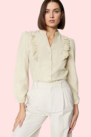 Kadın Regular Kalıp Dantel Detaylı Gömlek Uzun Kollu Günlük Kombinler Yaz Aylarının Vazgeçilmezi