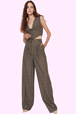 Kadın Yüksek Bel Geniş Paça Dokuma Pantolon Şık Ortam Günlük Kombinler