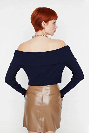 Kadın Ekru Carmen Yaka Fitted Crop Triko Kazak İlkbahar Sonbahar İçin Şık Ve Basic Tasarım