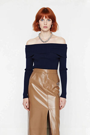 Kadın Ekru Carmen Yaka Fitted Crop Triko Kazak İlkbahar Sonbahar İçin Şık Ve Basic Tasarım