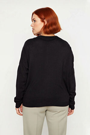 Kadın Relaxed Kalıp Düşük Kol Tül Detaylı Bisiklet Yaka Uzun Kollu Triko Kazak Konforlu Günlük