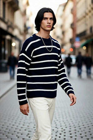 Erkek Oversize Bisiklet Yaka Çizgili Selanik Dokuma Kalın Akrilik Kışlık Kazak Konforlu Stil