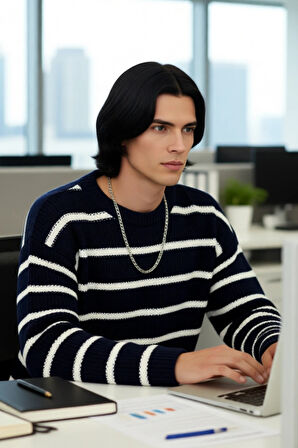 Erkek Oversize Bisiklet Yaka Çizgili Selanik Dokuma Kalın Akrilik Kışlık Kazak Konforlu Stil