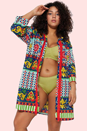 Kadın Büyük Beden Etnik Desenli Plaj Gömleği Pamuklu Yaz Aylarının Vazgeçilmezi Günlük Kullanım