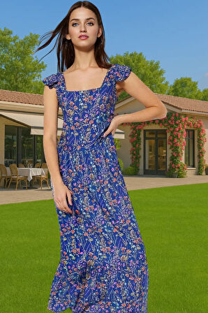 Çiçek Desenli A Kesim Midi Viskoz Elbise Büzgülü Kolsuz Yazlık Dayanıklı Malzeme Profesyonel Görünüm