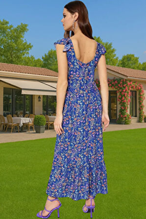 Çiçek Desenli A Kesim Midi Viskoz Elbise Büzgülü Kolsuz Yazlık Dayanıklı Malzeme Profesyonel Görünüm