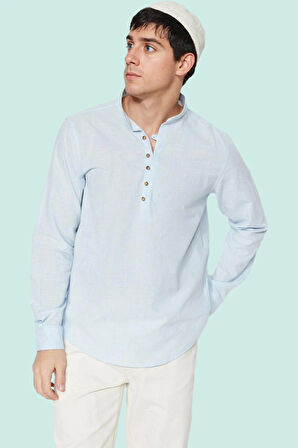 Erkek Slim Fit Hakim Yaka Pamuklu Keten Görünümlü Gömlek Günlük Kullanım Dayanıklı Malzeme