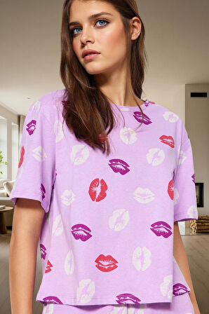 Kadın Dudak Desenli Pamuklu Kısa Kollu Pijama Takımı Rahat Ev Giyim Yaz Modern Stil Kaliteli İşçilik