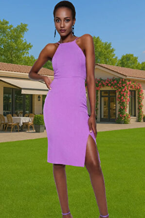 Şık Halter Yaka Midi Elbise Polyester Karışımlı Dokuma Kumaş Günlük Kullanım İçin Özel Tasarım