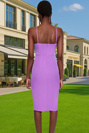 Şık Halter Yaka Midi Elbise Polyester Karışımlı Dokuma Kumaş Günlük Kullanım İçin Özel Tasarım