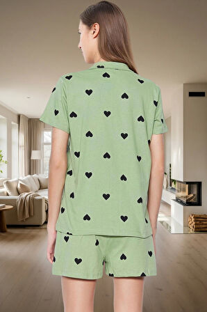 Kadın Kalpli Desenli Pamuklu Kısa Kollu Pijama Takımı Rahat Ev Giyim Seti Profesyonel Görünüm