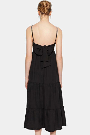 Maxi Dokuma Elbise Lilyum Kumaş Skater Kalıp Yazlık Günlük Trend Tasarım Zarifane