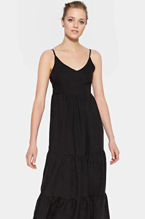 Maxi Dokuma Elbise Lilyum Kumaş Skater Kalıp Yazlık Günlük Trend Tasarım Zarifane