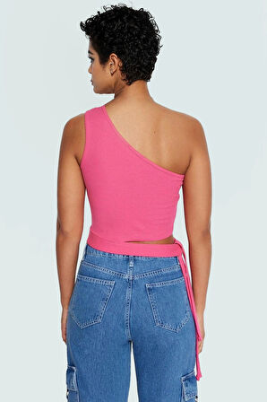 Tek Omuz Bağlamalı Crop Bluz Örme Pamuklu Yazlık Rahat Kombin Yüksek Kalite Uzun Ömürlü