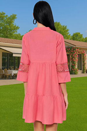 Yazlık Kadın Mini Plaj Elbisesi V Yaka Dantel Detaylı Pamuklu Profesyonel Görünüm Rahat Kullanım