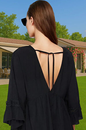 Kadın Mini Plaj Elbisesi V Yaka Büzgülü Kol Crinkle Dokuma Yazlık Zarifane Tasarım Modern Stil