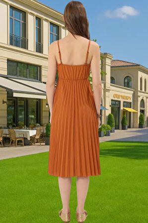 Pileli Midi Elbise Polyester Örme Yazlık Günlük Şık Özenle Seçilmiş Modern Stil Zarifane Tasarım
