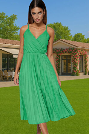 Pileli Midi Elbise Polyester Örme Yazlık Günlük Şık Özenle Seçilmiş Modern Stil Zarifane Tasarım