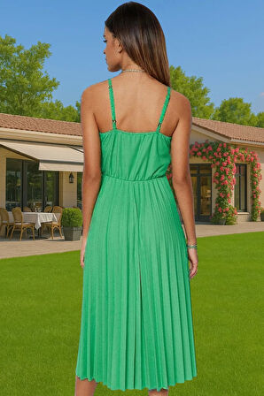 Pileli Midi Elbise Polyester Örme Yazlık Günlük Şık Özenle Seçilmiş Modern Stil Zarifane Tasarım