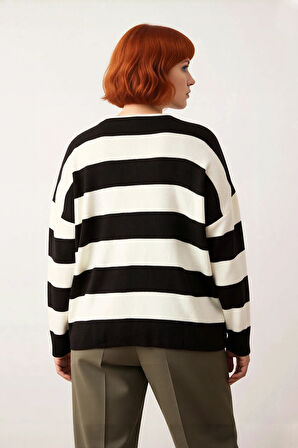 Kadın Relaxed Kesim Polo Yaka Çizgili Triko Kazak Düşük Kol Rahat Giy Çift Plaka Dokuma Uzun