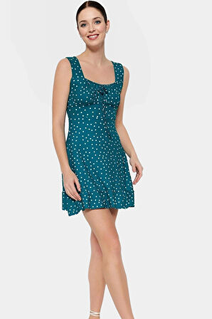 Kadın Mini A Line Kare Yaka Çiçekli Örme Elbise Yazlık Rahat Kombin Dayanıklı Malzeme Premium Kalite