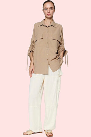 Kadın Büzgülü Detaylı Dokuma Pamuklu Gömlek Rahat Kalıp Günlük Kullanım Yaz Aylarının Vazgeçilmezi