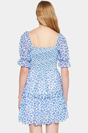 Çiçekli Mini Elbise Astarlı Kısa Kol Dokuma Yazlık Özenle Seçilmiş Mükemmel Uyum