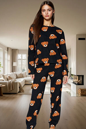 Kadın Ayıcıklı Pijama Takımı %100 Pamuk Boru Paça Uzun Kollu Rahat Uyku Özel Tasarım Ömürlü