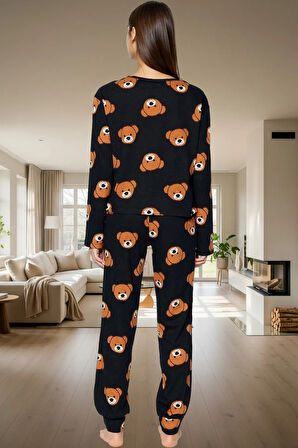Kadın Ayıcıklı Pijama Takımı %100 Pamuk Boru Paça Uzun Kollu Rahat Uyku Özel Tasarım Ömürlü