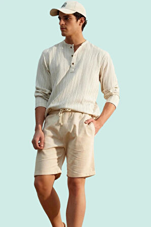 Erkek Keten Görünümlü Pamuk Şort Rahat Kalıp Günlük Kullanım Hafta Sonu Yaz Aylarının Vazgeçilmezi