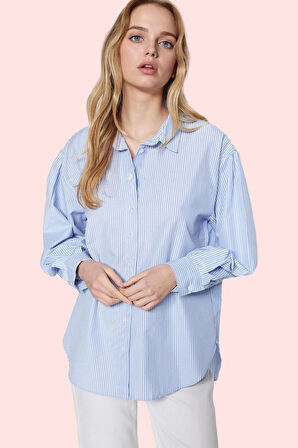 Kadın Oversize Çizgili Dokuma Gömlek Pamuklu Günlük Kombinler İçin Yaz Aylarının Vazgeçilmezi