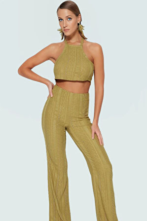 Dantel Detaylı Halter Yaka Crop Bluz ve Geniş Paça Pantolon Plaj Takımı Özel Tasarım