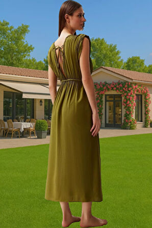 Maxi Dokuma Yırtmaçlı Plaj Elbisesi Viskoz Polyester Yazlık Profesyonel Görünüm Rahat Kullanım