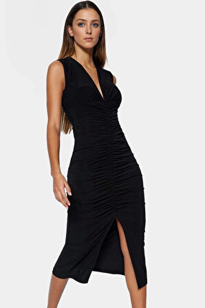 Şık Bodycon V Yaka Örme Midi Elbise Polyester Elastan Kumaştan Gündüz Ve Gece Rahat Kullanım