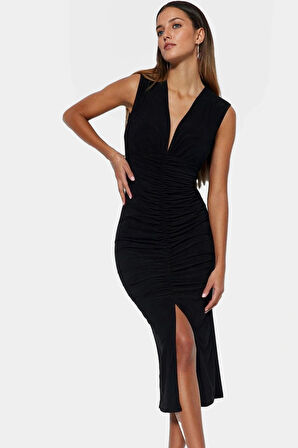 Şık Bodycon V Yaka Örme Midi Elbise Polyester Elastan Kumaştan Gündüz Ve Gece Rahat Kullanım