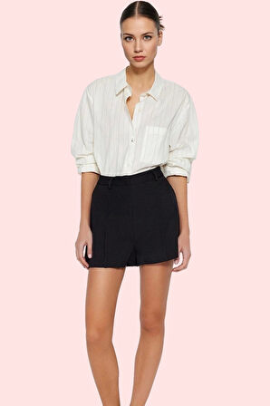 Kadın Nervür Detaylı Dokuma Şort Yüksek Bel Boru Paça Günlük Kombinler Yaz Aylarının Vazgeçilmezi